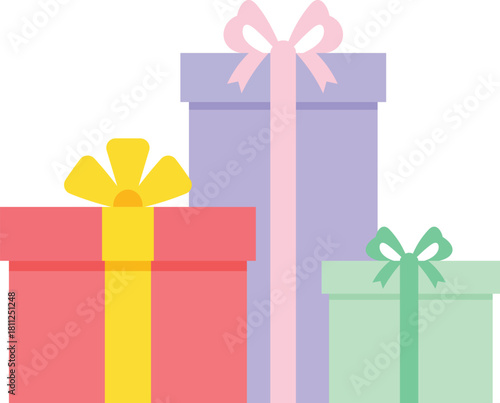 Three colorful gift boxes with ribbons and bows on white background present birthday