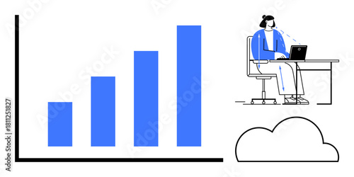 Business growth concept. Bar chart data analysis and success trends. Business growth enhanced through cloud technology, remote work, and data-driven strategies. For data analysis, cloud computing