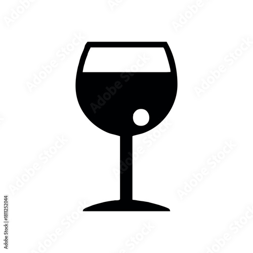 A simple black and white graphic of a wine glass filled with a dark liquid with a light spot in it