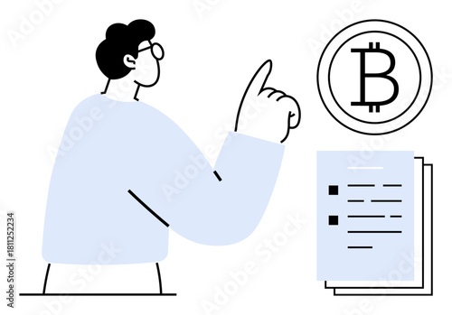 Person pointing towards Bitcoin symbol near document with listed items. Ideal for cryptocurrency, blockchain, finance, technology, investment, digital currency education, simple flat metaphor