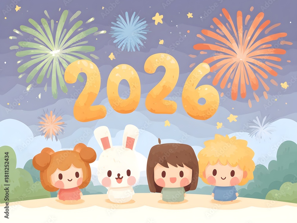 Naklejka premium Cute Cartoon Characters Celebrating New Year with Fireworks Display