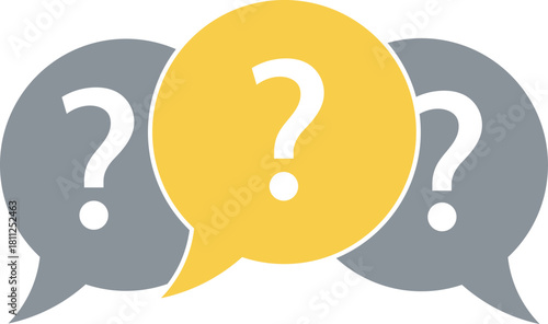 Three Speech Bubbles with Question Marks Yellow and Gray communication inquiry