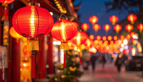  Enchanting chinese lanterns illuminating with serene night chinatown scene. Red Chin