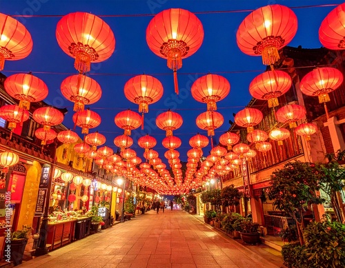  Enchanting chinese lanterns illuminating with serene night chinatown scene. Red Chin