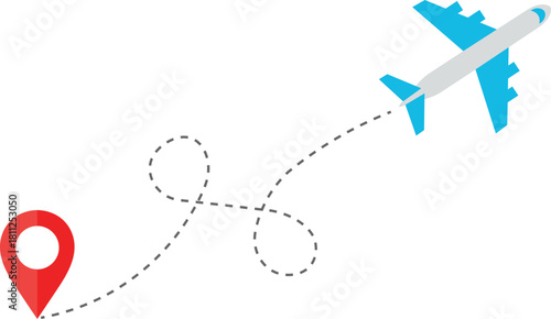 Blue airplane with dashed flight path and red location pin travel destination