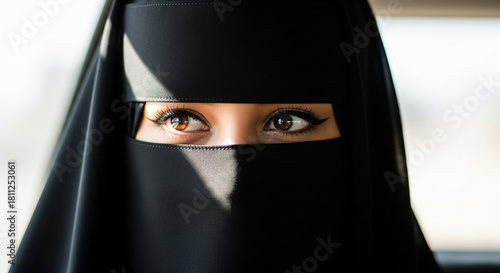 Close-up of a woman's mysterious brown eyes wearing a black niqab