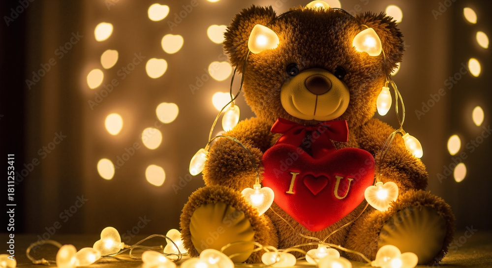 Naklejka premium Valentine teddy bear with glowing heart-shaped lights, radiating love and warmth