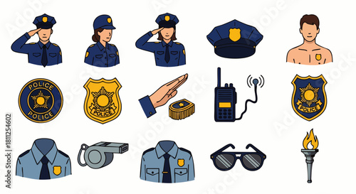 A collection of illustrated police-related icons, featuring officers saluting, badges, radio, hat, whistle, and other symbols of law enforcement.