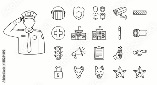 A collection of police-related line art icons, including a saluting officer, badge, security camera, and other law enforcement symbols.