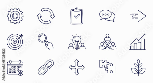 A collection of business and management icons, representing concepts such as teamwork, growth, planning, and communication, are presented on a white background.