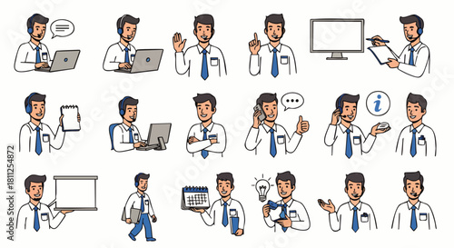 A collection of illustrated businessman characters engaging in various professional activities, using technology and conveying ideas with expressions and gestures.