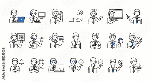 A collection of line art illustrations depicting various customer service representatives and support staff in different scenarios and poses, offering assistance.