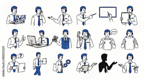 A collection of hand-drawn illustrations showcasing a businessman in various poses, using technology, and communicating with others in a business setting.