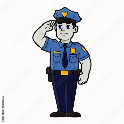 A cartoon illustration depicts a police officer in uniform saluting, representing law enforcement and public service with a friendly, approachable demeanor.