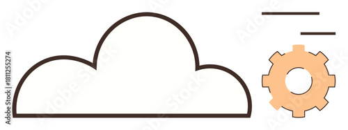 Cloud shape next to gear with lines symbolizing connection, workflow, and cloud-based operations. Ideal for technology, innovation, automation, cloud computing, data storage, systems teamwork