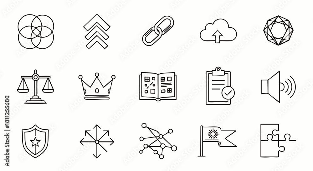 Fototapeta premium A collection of hand-drawn icons representing various concepts like connection, cloud storage, legal balance, and problem-solving, perfect for design needs.