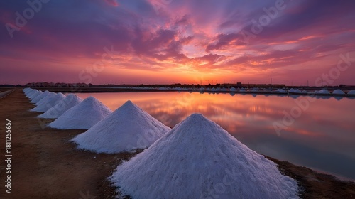 Dramatic sunset paints sky over salt piles and reflective water at a coastal saltworks