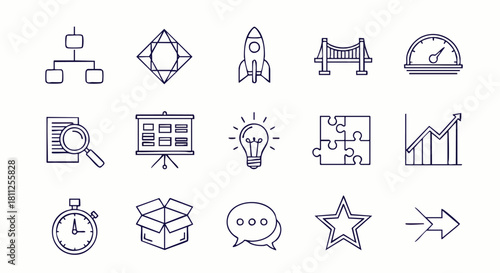 A collection of hand-drawn business icons, including a flowchart, diamond, rocket ship, bridge, and speedometer, perfect for presentations and website design.
