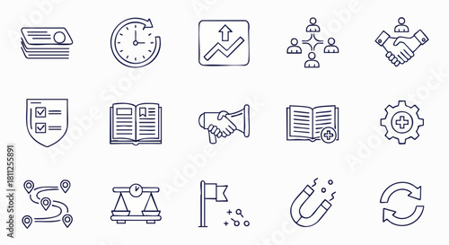 Business and management icons representing concepts like time, growth, teamwork, agreements, and strategies, perfect for illustrating various corporate themes.