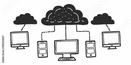 Illustration of cloud computing network with computers and mobile devices connected together online access