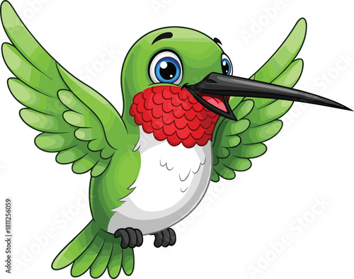 Cute cartoon hummingbird flying with green wings and red throat, happy bird character vector illustration isolated on white background for nature and spring design.
