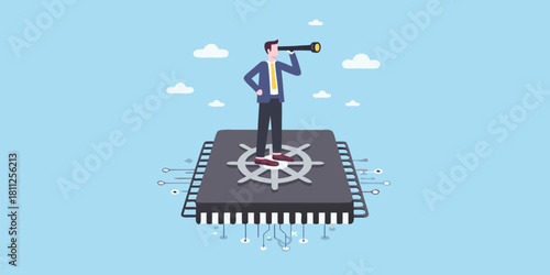 Businessman with spyglass stands on giant microchip looking to the future