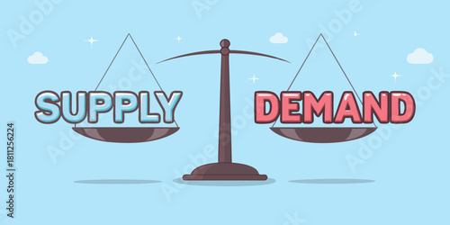 Supply and demand on scales economic balance illustration in cartoon style