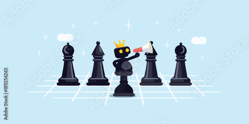 Robot king with megaphone leading chess piece strategy
