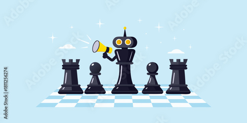 Robot chess king with megaphone leading pawns and rooks on chessboard