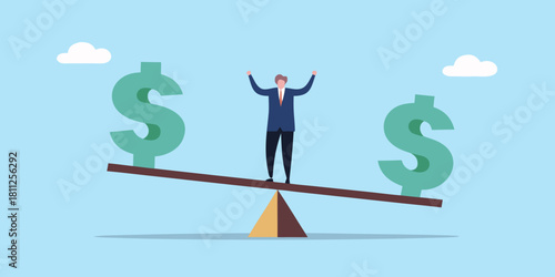 Balancing act businessman balancing on a seesaw with dollar signs financial stability