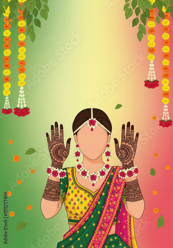 Indian Bride Showing Mehndi Hands with Floral Garlands