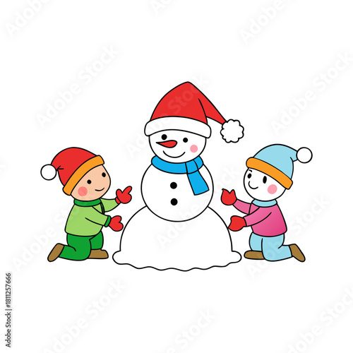 Two happy children wearing winter hats and colorful clothes kneeling down to build a snowman with a red hat and blue scarf, isolated on