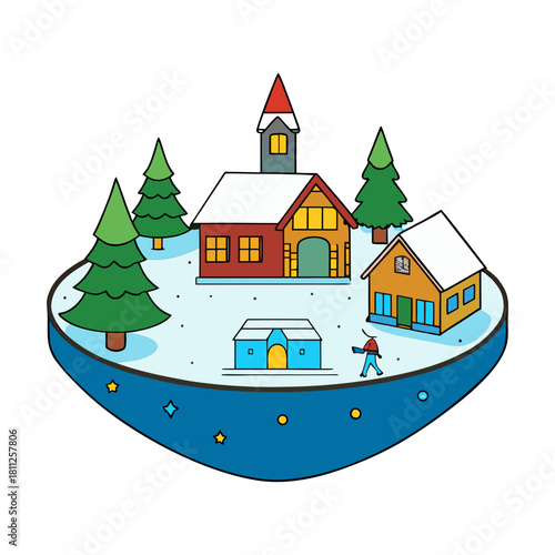 Colorful isometric depiction of a small, snowcovered island community with houses, a church steeple, evergreen trees, and a tiny figure walking near the waters edge