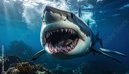 A close-up view of a shark with its mouth wide open. This image captures the fierce
