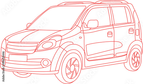 A red outlined sketch of a compact crossover vehicle, seen from the side. The design highlights the car’s rounded shape, with distinctive wheels, sleek lines, and a modern front grille. 