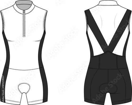 Cycling bodysuit template in black and white, front and back view isolated on white background for sportswear apparel design mockup vector technical illustration set.