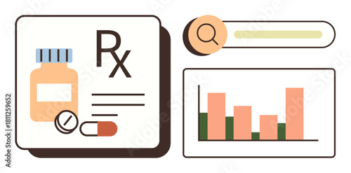 Medicine bottle, capsule, Rx symbol, tablet, search bar, and bar graph, symbolizing pharmacy, healthcare treatment research analytics drug trends and digital interfaces. A simple flat metaphor