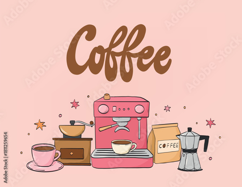 Coffee doodles of espresso machine, grinder, coffee cup, moka pot composition decorated with lettering quote for banners, prints, cards. EPS 10