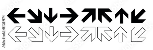 A set of black and white directional arrows pointing in different directions in two rows on white