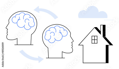Two human heads with brains connected through arrows, pointing to a house with clouds above. Ideal for collaboration, teamwork, ideas exchange, innovation, creativity, intellect, collective thinking