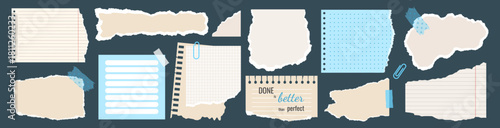 Torn paper pieces set, Paper notes, notebook sheets