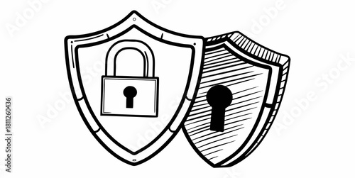 Illustration of two shields one with a padlock and the other with a keyhole in black and white
