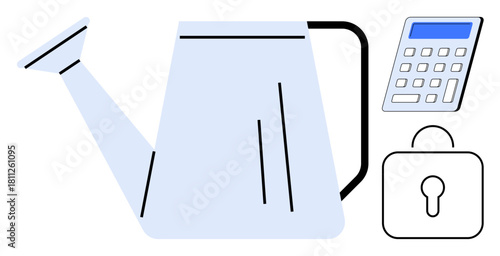 Watering can for growth, lock for security, and calculator for finance. Ideal for finance, growth strategies, savings, investment, security planning and business success. Simple flat metaphor