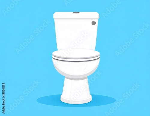 Front view cartoon style white toilet, closed seat. Light blue background. Clean and simple design, great for sanitary and bathroom related illustration