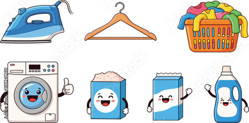 Cartoon laundry set with washing machine character, detergent bottle, iron, hanger and basket full of clothes, cleaning vector illustration isolated on white background design.