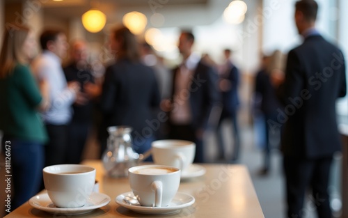 A blurred scene of a coffee break at a business event, with attendees mingling and networking in the background. High quality