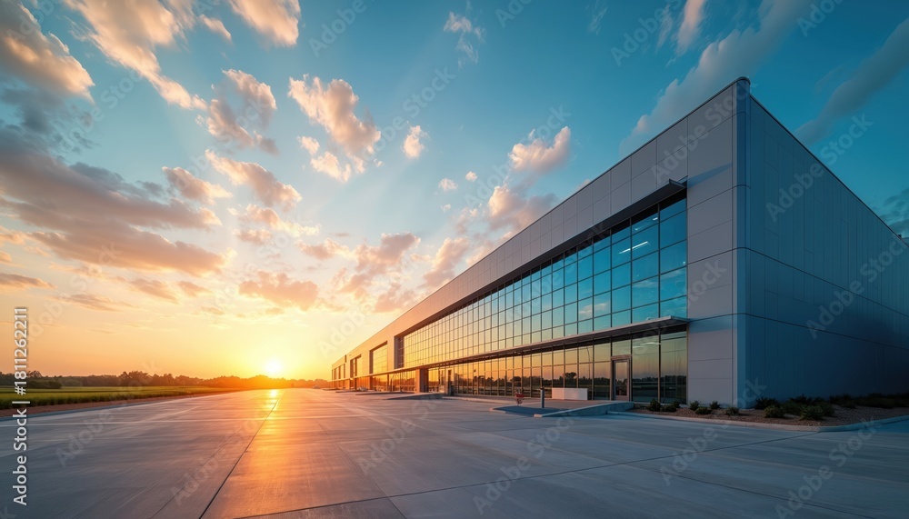 Fototapeta premium Modern logistic centre exterior at sunset, big distribution building with glass facade, large empty concrete area, transportation hub infrastructure, global trade.