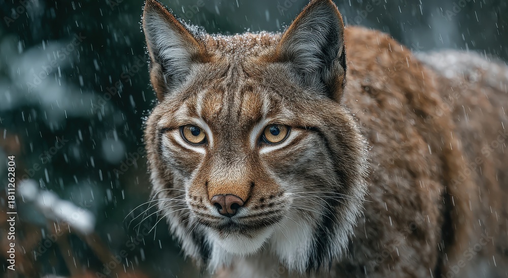 Fototapeta premium Lynx with striking fur and piercing eyes stands amidst falling snowflakes, showcasing its natural beauty and wild habitat in a serene winter landscape