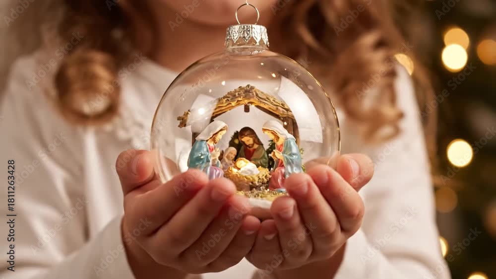 christmas nativity scene in glass christmas ball child offering glass ...