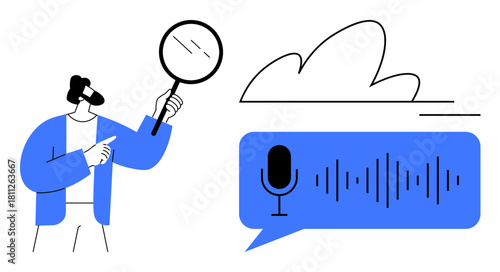 Man holding magnifying glass pointing at cloud with blue speech bubble featuring a microphone and audio waveform. Ideal for AI, cloud technology, data analysis, audio processing, voice recognition